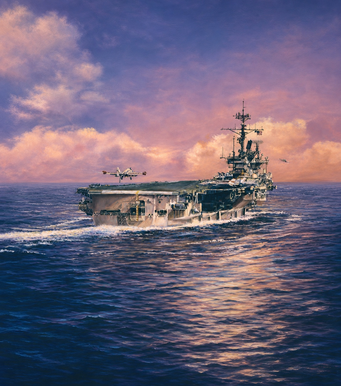 A painted aircraft carrier underway as aircraft launch and recover beneath a violet sky